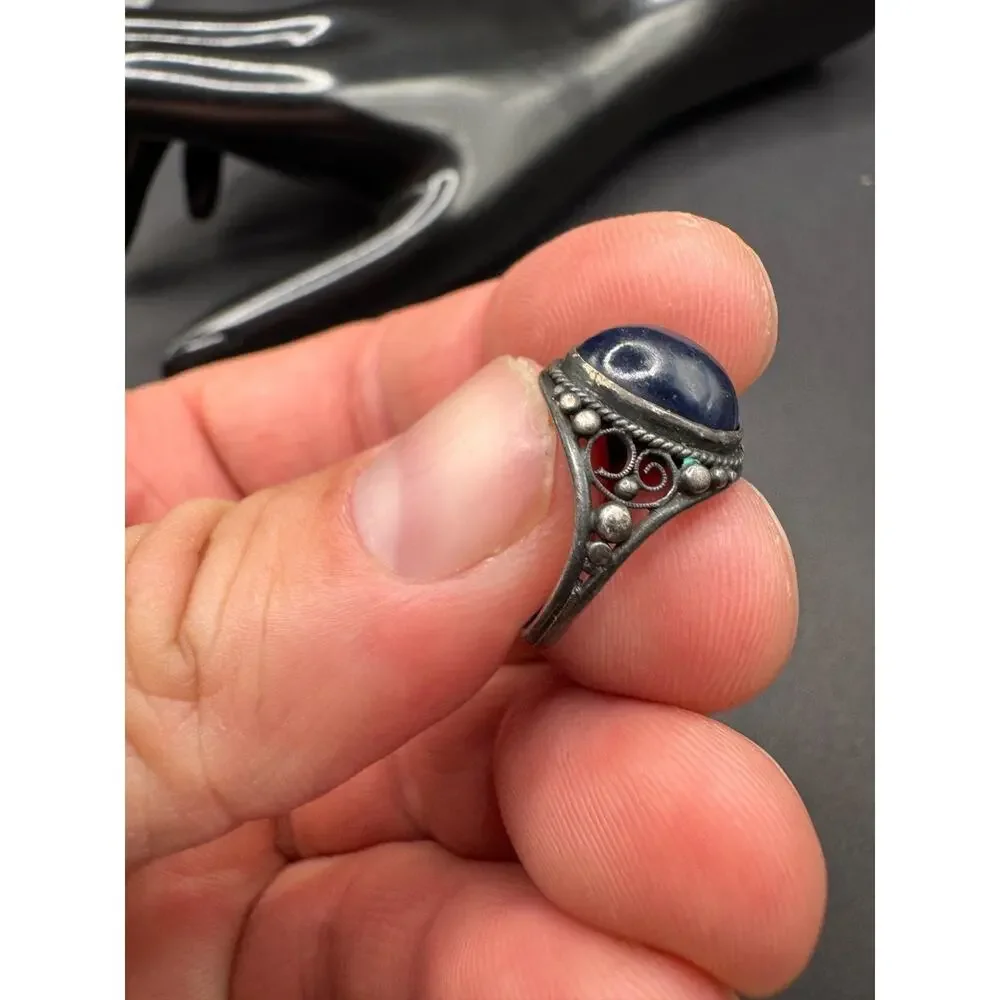 Vintage Lapis Lazuli Oval Filigree Silver Tone Women's Cocktail Band Ring
